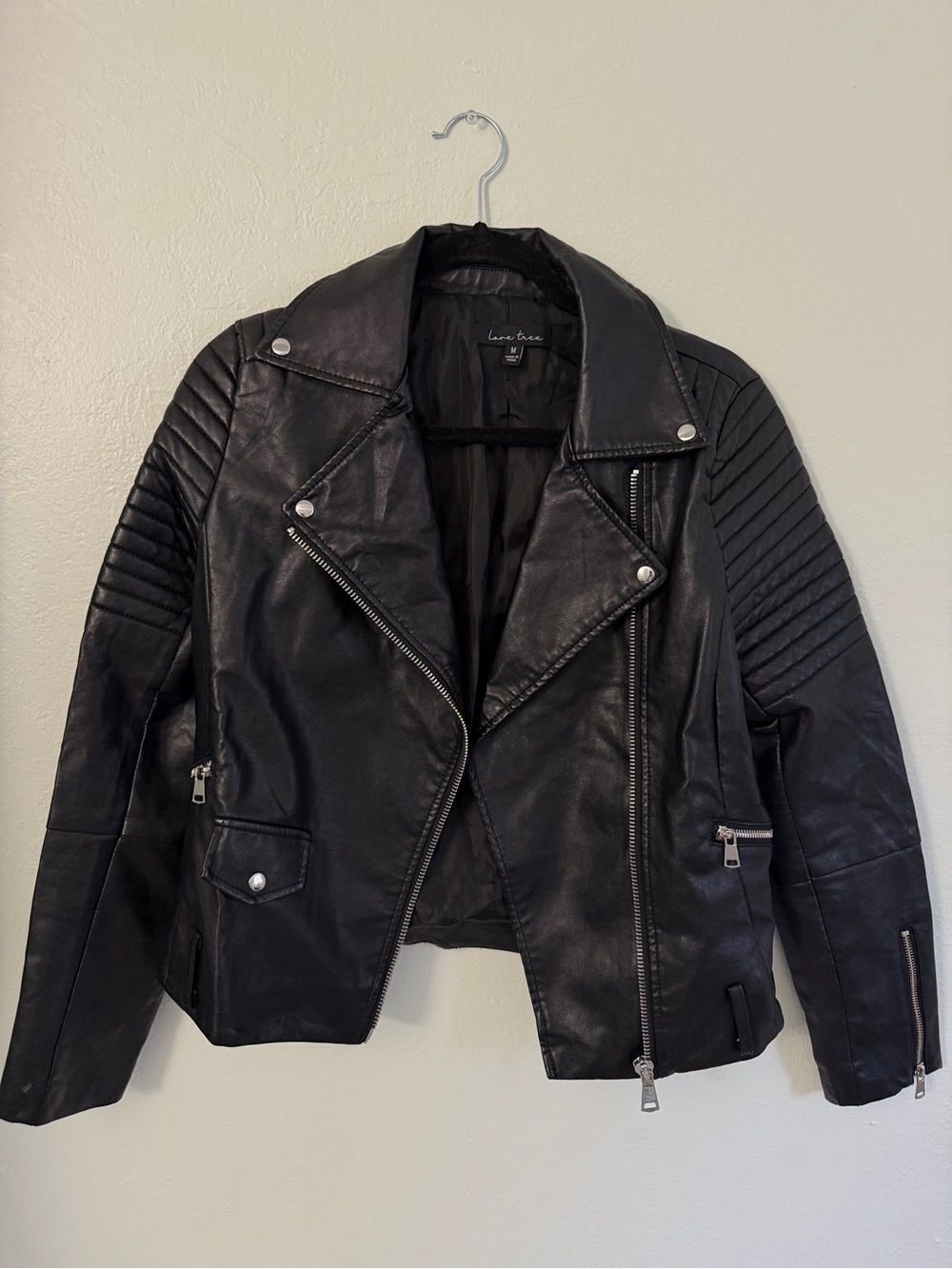 Love Tree Black Faux Leather Moto Jacket with Quilted Sleeves